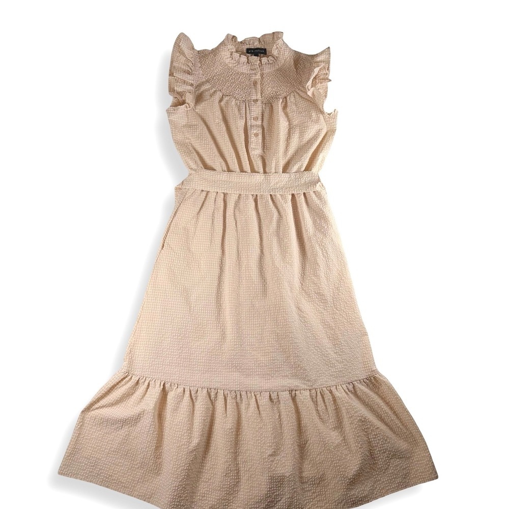 Gibsonlook Smocked Ruffle Neck Midi Dress Peach Gingham PCS21418GL Womens Small